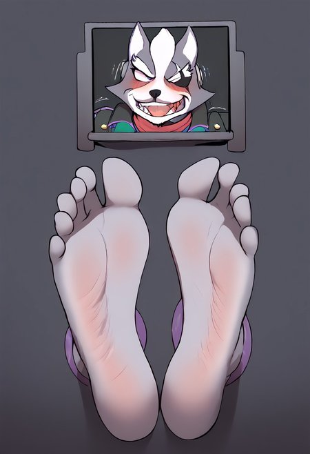 score_9,score_8_up,  <lora:OtherStyle_01:0.6>, 
furry cartoon Wolf O'Donnell (ZP92 Style) paws through wall. paws through wall. ((Five toes)), soft soles, ((cute feet)), furry soles. toes curling. paws wiggling, paws shaking. 
((((face on monitor)))). ((Wolf O'Donnell (Star fox, male))) , blushing, nervous, mouth open) ((big grey soles)) ((big grey feet)).
Wolf O'Donnell speaks to us saying (what are you doing?!) (Wolf O'Donnell angry)
((tickling feet with pencils))
detailed, anime, masterpiece, dynamic lighting.