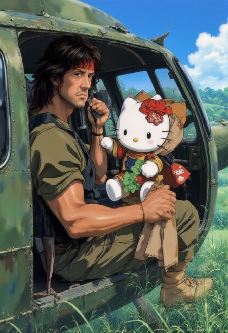 anime style, rambo, John Rambo, holds a Hello Kitty bag, looking at bag, sitting in a helicopter,