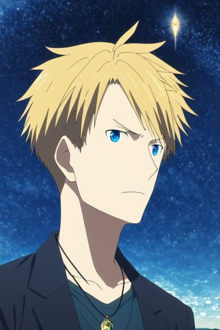 high resolution, solo, best quality, 1Boy, Yamato Ishida, Blond Hair, Blue Eyes, Necklace, existential longing, infinite sky, OverallDetail