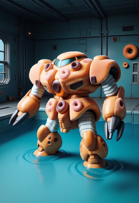 score_9, score_8_up, score_7_up, source_anime, cowboy shot, rear view, BREAK, ( zgok_experiment, monoeye not visible, looking away from viewer, standing, submerged in water, ) 1mech made of doughnuts, mech focus, solo, BREAK, surfaced submarine, antarctic base, metal walkway, water channel, distorted shadow, futuristic building, conduit entrance, warm light inside building, made of doughnuts, d0nu71f13d, pink monoeye, orange monoeye