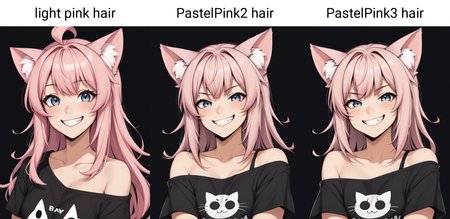 1girl, cute, cat ears, toothy grin, t-shirt, off-shoulder, light pink hair, black background