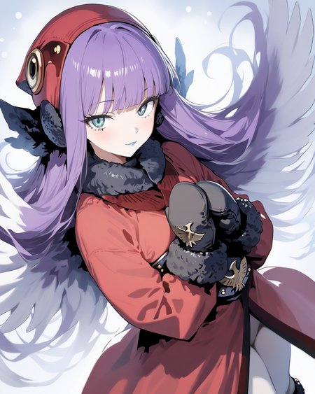 1girl,
MuuShuwuuShinMegamiTensei,
sensitive, solo, dutch angle, upper body,
long hair, hair wings, purple hair, multicolored hair, white hair,
hat, fur trim,
earmuffs,
blunt bangs, blue lips,
looking at viewer,
long sleeves,
mittens,
black gloves,
coat,
white pantyhose,
black footwear,
depth of field,
<lora:kp_MuuShuwuuShinMegamiTenseiAnimagineXL_v1_0:1.0>
masterpiece, high score, great score, absurdres