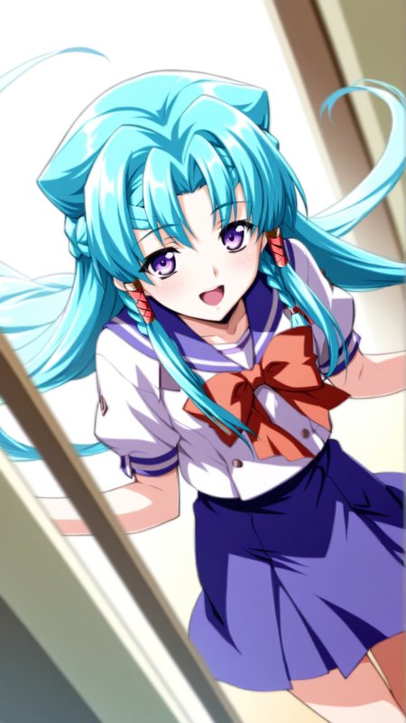 source_anime, general, best quality, masterpiece, 1girl,  <lora:shana_mia_ill_v1.0:1.0> shana_mia\(srw\),purple eyes,long hair,braid, very long hair,aqua hair, hair tubes, serafuku, happy, (embarrassed:0.8),  dynamic pose, dutch angle,