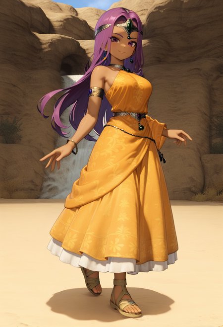 masterpiece, best quality, very aesthetic, absurdres, 1girl, solo,
<lora:dqh2_meena_v01:0.8>, dqh2_meena, purple hair, long hair, purple eyes, dark-skinned female,
circlet, earrings, jewelry, yellow dress, bare shoulders, single detached sleeve, single armlet, single bracelet, sandals, (smile:0.7), posing