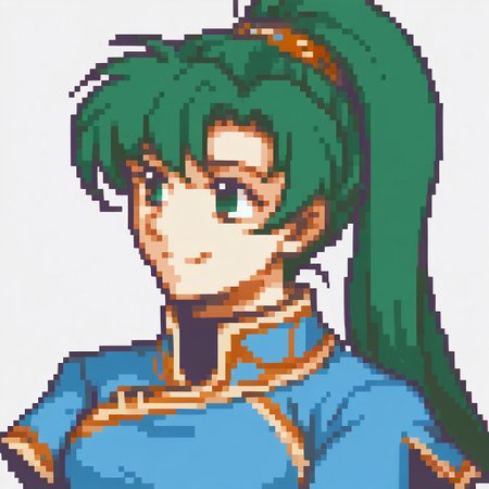 score_9, score_8_up, score_7_up, source_anime BREAK 1girl, solo, <lora:zs_FEGBAPortraitsXL:1> fegbaportraits, portrait, white background,  <lora:lyn-pdxl-nvwls-v1-000005:1> defLyn, green hair, high ponytail, blue dress, short sleeves, sash, big breasts, smile