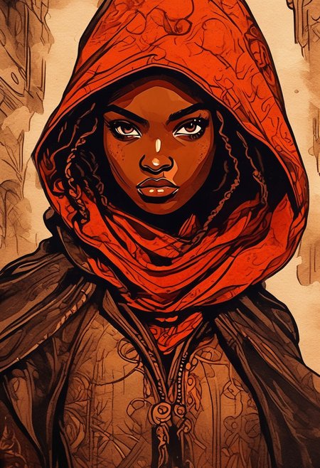 (Ink illustration on parchment). coal skies painted in vibrant shades of red and orange, a lone young woman ina massive medieval city, fantasy rogue outfit, lickers of magical energy, Ink splashes, rough ink sketch, moody, gloomy, high contrast, stylized, dark skin, close up on face, leather medieval top with lowered hood, Art Nouveau Style, face portrait close up, African girl with intense expression, freckles