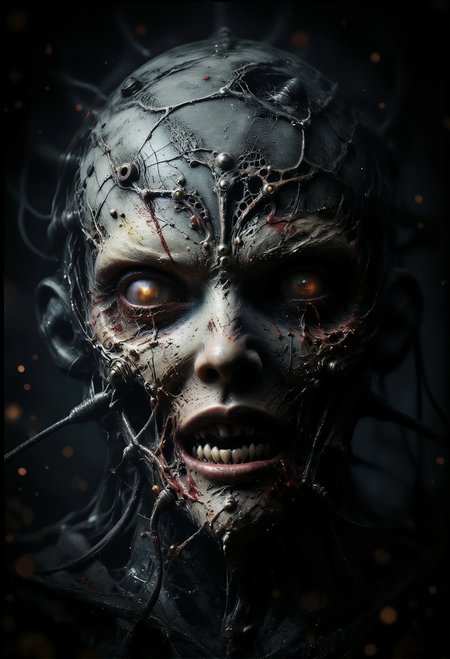cinematic photo . A haunting close-up of a pale, white powder skin, ashen face with closed eyes, cracked and dried skin, with red streaks of dried blood around the eyes and mouth. The figure has metal restraints holding the mouth open in a grim expression. The lips are parted, revealing teeth in the shadow. The background is a deep black, creating a stark contrast with the face, emphasizing the eerie and unsettling mood of the scene. The lighting casts harsh shadows, adding to the disturbing, almost lifeless appearance, hkevil,    <lora:Dever_Flux_Enhancer.safetensors:0.5>,  <lora:FluxCyberpunkAnimeStyle.safetensors:0.5>,  <lora:aiai-Glimra-Flux-Dev-v2.safetensors:0.5>,  <lora:- Flux1 De-Distilled - temp_haunting_cre_1.0.safetensors:0.8>,  <lora:black_fantasy.safetensors:0.5>,  <lora:Giger_2_0.safetensors:0.5>,  <lora:Luminous_Shadowscape-000016.safetensors:0.3>,  . 35mm photograph, film, bokeh, professional, 4k, highly detailed