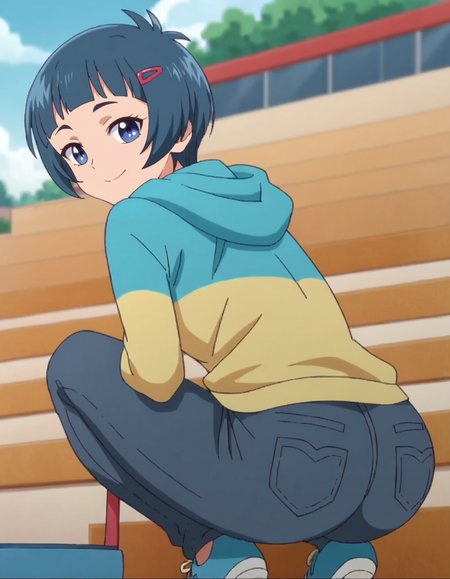 score_9, score_8_up, score_7_up, anime screencap, solo,1girl,noguchisara,jeans, hair ornament, hood, hairclip, hoodie, looking at viewer, smile, small breasts,cowboy shot,from behind,huge ass,squatting<lora:noguchisara_pony:0.8>