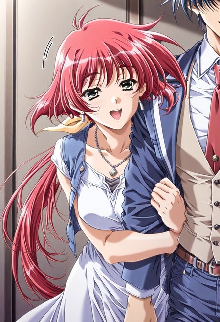 masterpiece, best quality, newest, highres, uncensored, yokota mamoru style,motion lines,1girl,Chain Jewellery,Dress, Earrings,Necklace,Vest,hug, arm hug, red necktie,happy,Ogata Shizuka Again Version,Red Hair, Ponytail, Waist Length Hair,Green eyes