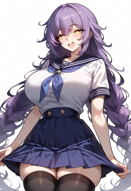 <lora:PONY-c»-Eboraart:0.7> ,score_9. score_8_up. score_7_up. score_6_up. score_5_up. score_4_up, source_anime, 1girl, solo, calm, smile, smirk, seductive, squinted eyes, blushing, open mouth, 1girl, very_massive breasts, wide hips, thin waist, thick thighs, sirin_(honkai), purple hair, long hair, bangs, yellow eyes, serafuku, blue neckerchief, white shirt, short sleeves, blue skirt, pleat skirt, black stockings, cowboy shot, white background, simple background, uncensored,<lora:add-detail-xl:1>,complex background,