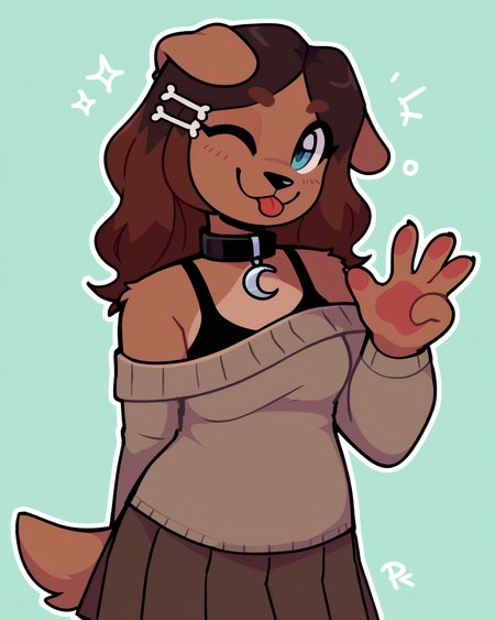score_9_up, score_8_up, score_7_up, score_6_up, furry female, floppy ears, brown fur, by remanedur, half-length portrait, female, furry, blue eyes, wink, collar, brown hair, hair accessory, off shoulder sweater, tail, medium breasts, bra strap, brown skirt, pleated skirt,  looking at viewer, head tilt, solo, happy, tongue out, three-quarter view, simple background, white outline, <lora:Leah_Pines(AIM)_XL_v1:0.15> <lora:PDXL_artist_tags_v2_big:0.5> <lora:The-Minuscule-Task_PDXL_v1.0:0.6>  <lora:Ria_C0denameDelta:0.7>