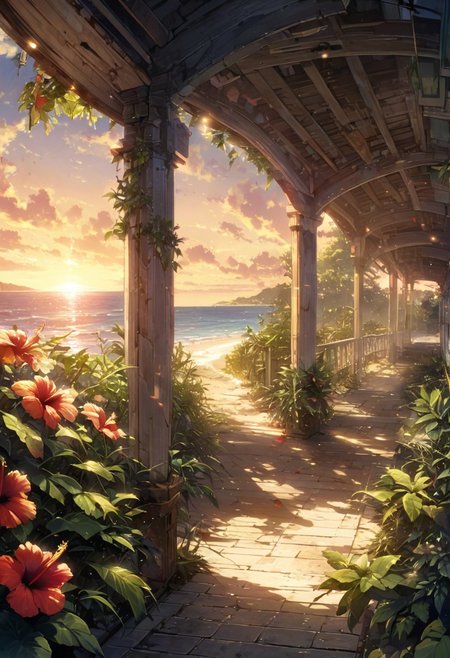 detailed background,( dreamy atmosphere, Calm landscape), amongst lush greenery, beautiful view, hibiscus in full bloom, hibiscus, early morning, sunrise sky, beautiful clouds, dappled sunlight, beautiful, Tropical Beach, Walkway, petals dancing in the wind, depth of field, masterpiece, best quality, ultra-detailed, very aesthetic, illustration, perfect composition, intricate details, absurdres, moody lighting, wisps of light, no humans,