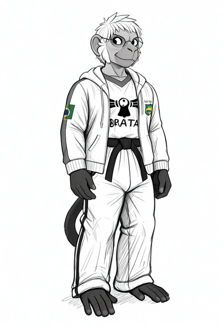 masterpiece, best quality, amazing quality,  white background, (sketch, black and white, monochrome:1.2), BREAK
solo, male, furry male, joaoenzo, monkey, short hair, sideburns, glasses, open hoodie, brazilian flag shirt, black belt, karate pants, BREAK
<lora:cfg_scale_boost:.5> <lora:João_Enzo_Almeida_-_ILXL:0.9> <lora:Hladilnik_Sketch_-_ILXL_Artist_Style:1> by_hlad