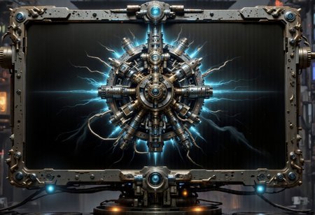 A computer monitor, encased in the dark, industrial metal frame reminiscent of the Adeptus Mechanicus' technology. The screen, initially pitch-black, begins to flicker with a faint, electric blue light. Gradually, the flickering coalesces into the unmistakable cog symbol of the Adeptus Mechanicus, an intricate design of interlocking gears that represents the faction's mastery over machinery. The cog is not static but seems to be in a state of perpetual motion, each gear rotating in harmony with the others, suggesting a complex system coming to life. The edges of the symbol are slightly distorted, as if viewed through an ancient pane of warped glass, hinting at the antiquity of the technology involved. As the cog turns, it emits a soft, pulsing light that casts eerie shadows on the surrounding metal. The background behind the cog is a deep, abyssal black, which slowly gives way to a gradient of dark greys and blues, evoking the cold vacuum of space. The cog itself is rendered in stark contrast, the gleaming metallic finish reflecting the emerging light. The fading process begins with the outermost gears slowing their rotation, their light dimming until they are almost indistinguishable from the background. One by one, the gears follow suit, the light retreating inwards until only the very core of the symbol remains illuminated.