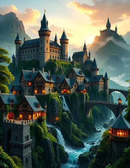 A breathtaking medieval fantasy city nestled in a lush valley, surrounded by towering mountains and dense forests. A grand castle with multiple towers and turrets stands atop a hill, overlooking the town below. The city consists of charming half-timbered houses with glowing windows, perched on rocky cliffs and connected by stone bridges over cascading waterfalls. The river flows through the village, reflecting the warm golden lights of lanterns and torches. Ivy and moss grow over the stone walls, adding to the enchanted, ancient atmosphere. The background features misty mountains with additional fortresses and watchtowers, partially hidden by low-hanging clouds. The sky is illuminated by a soft, warm sunset, casting a golden glow on the scenery, creating a perfect blend of realism and fantasy. Highly detailed, cinematic, and immersive, with a magical, fairy-tale ambiance.
<lora:SDXLFaeTastic2400:0.4> <lora:extremely_detailed:0.4> extremely detailed, <lora:medieval_f4nt4sy_c1ty:1>,medieval f4nt4sy c1ty, Masterpiece,best quality,hi res,8k,hi res,8k,award winning,(sharp focus, intricate, highly detailed),