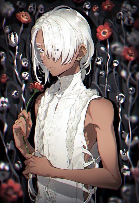 flower, solo, white hair, dark skin, holding, holding flower, braid, hair over one eye, sleeveless, earrings, long hair, jewelry, upper body, blurry, hair over shoulder, grey eyes, male focus, bare shoulders, white eyes, red flower, 1boy, white dress, ear piercing, depth of field, dark-skinned female, piercing <lora:yoneyamaiXL_NBVP1_lokr_V6311PZ:0.95>