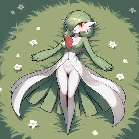 score_9, score_8_up, score_7_up, score_6_up, score_5_up, score_4_up,
 cartoon style, cartoony style,
 luminekoStyle,
1 girl, gardevoir, green_hair, green_skin, hair_over_one_eye, 
full body, grass field, blank crotch, no breast,