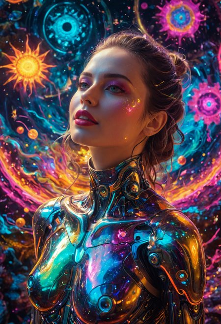Psychedelic style ((( Empathic Listener: A gentle robotic figure with soft, malleable features and eyes that shift colors like mood rings, possessing the extraordinary ability to absorb and transmute negative emotions into healing light. in 50. Surreal dreamscape with melting clocks and floating islands. The Interactive Wall Art: Paintings that change scenes based on your mood., they have shiny chrome elements)))The moon splits into a kaleidoscope of colors, casting psychedelic patterns across the night sky.
 (((with exaggerated expressions))) With a Pouty Lipstick Smile: This veggie sports bright lipstick and pouts adorably, ready to charm its way into your heart (and stomach)., Over-the-Shoulder Shot: Position the camera behind one character, focusing on what they are looking at. Include part of their shoulder or head in the frame for perspective..(dynamic:1.1),sun rays, 
(Vivid, HDR, Canon50, 8K, Hyper Realistic, Dramatic, Epic, Dynamic Contrast, Cinematic Lighting, increased brightness)(((Zoomed Out, Far away Shot))) = =. Epic dynamic lighting , vibrant,highly detailed,psychedelic,((Psychedelic, rainbow glow ))
((Vivid, Epic, Dynamic contrast)) (((Zoomed out, Far away shot, In frame)), (((Cinematic, Studio lighting, Contrast)))
<lora:juggernautXL_version6Rundiffusion:0.8><lora:rundiffusionXL_beta:0.8><lora:epicrealismXL_v5Ultimate:0.8><lora:crystalClearXL_ccxl:1><lora:extremely_detailed:0.8> extremely detailed
 <lora:hyperkraximalism:0.2> hyperkraximalism
<lora:QuadpipeQp_sdxlV2:0.4> 
<lora:xl_more_art-full_v1:0.1>
<lora:RMSDXL_Darkness_Cinema:0.2>
<lora:glowneon_xl_v1:0.4> glowneon, glowing, sparks, lightning, - Generate images with sharp edges and fine details.
- Produce high-resolution images with no blurriness or distortions.
- Create images with clear and well-defined subjects.
- Ensure that the output images have crisp lines and distinct features.
- Generate images with vibrant colors and accurate tones.
- Avoid noise or artifacts in the generated images.
- Focus on producing clear textures and patterns in the images.
- Emphasize clarity and definition in all aspects of the generated images.
- Prioritize the sharpness and clarity of the main subjects in the images.
- Optimize the AI model to produce clear and visually appealing images., Wlop, By art germ . Vibrant colors, swirling patterns, abstract forms, surreal, trippy