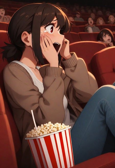 <lora:Khyle. v3:0.8>,  (((from side))), (((horror movie))), (((crowd))), ((big screen)), ((hands on own face)), ((cinema seating)), scared, crying with eyes open, cocacola, disposable cup, popcorn,stairs, night, open mouth, 1girl, collarbone,
Higashiyama_Kobeni, poker face, closed eyes, white tank top, cardigan, open cardigan, jeans, 
masterpiece, best quality,