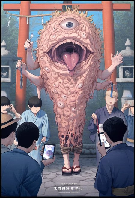 masterpiece, best quality, high quality, absurdres, 6+boys, artist name, black border, black hair, blue kimono, body horror, border, bound leg, bowing, eldritch abomination, extra arms, extra mouth, eyeball, faceless, faceless male, fork, glitch, hat, holding, holding fork, holding jar, holding knife, holding leash, holding phone, incense, japanese clothes, jar, kimono, knife, leash, monster, multiple boys, one-eyed, open mouth, outdoors, oversized fork, phone, rope, sandals, scanlines, shimenawa, stomach mouth, stone floor, stone lantern, straw hat, taking picture, title, tongue, tongue out, topless male, torii, walking
