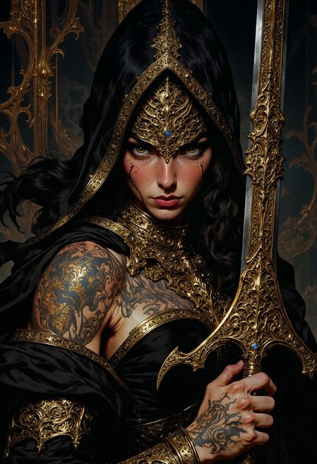 highly detailed digital painting of a dark-haired, beautiful girl with piercing yellow eyes, set against a dimly lit background. The character wears a black and gold ornate hooded cloak, revealing intricate tattoos on their neck and shoulder. She holds a large, elaborate sword with golden accents. The lighting is moody, casting dramatic shadows, and the camera angle is a close-up, emphasizing the character's intense gaze and the intricate details of their attire. <lora:FluxMythV2:0.6> <lora:ck-painterly-fantasy:0.6> <lora:flux.1_lora_flyway_Epic-detail_v2:0.5> <lora:RetroAnimeFluxV1:0.7>