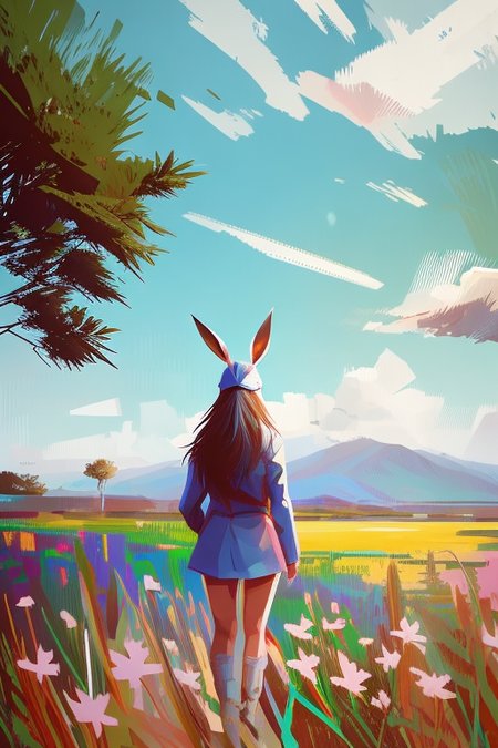 flower, scenery, letterboxed, sky, outdoors, tree, day, cloud, field, mountain, nature, solo, flower field, standing, landscape, blue sky, yellow flower, grass, forest, 1boy, white flower, cloudy sky, 1girl, snow, wide shot, pink flower, red flower, ((masterpiece)), donglu