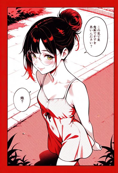 masterpiece, best quality, 32k, high resolution, absurdres, HD32k, masterpiece, extremely detailed,Patty, PattyRH, black hair, hair bun, gradient hair(red-black), green eyes, big round eyeglasses, small breasts, slim, pierced navel, pale skin,dynamic pose, solo, looking at viewer,  intimate, candid, elegant, close up,sundress, cute pattern sundress, walking, hands behind back, looking away, outdoors, little smile, closeup, lips closeup ,posing cute, shy, blush, high angle view, dowblouse, explicit insets, comic book panels, manga, speech bubbles, Japanese text, multiple angles, (red theme), monochrome, halftone, high contrast, side view, front view, happy