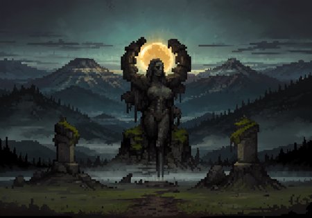 (evocative masterpiece),best quality,very complex hyper-maximalist overdetailed , detailed,finely detailed features,high quality, high-definition, extremely detailed, (highres), original, extremely detailed 8k wallpaper, (an extremely delicate and beautiful),wide angle, 4k,8k,uhd,nsfw,explicit,Middle Earth, Mirkwood <lora:Fantasy:1>,giant statue of mother of demons,made of stone,lilith from diablo IV,large sagging breasts,nipples,exposed breasts,devil,bust,part of land,grown into the ground,in background, horror \(theme\),pedestal,foreground,middle ground,background,intricate detailed environment,dark atmosphere, fog,eclipse,mountains covered in fog,shadows,atmospheric lighting, floating particles, corrupted by eldritch power,moss,moisture,fantastic scenery,landscape,(amputee,no arms,no legs:1.3), fantasy,(covered in grass) <lora:Style_of_the_Winds:0.5> <lora:lora_ics_a3:0.5> <lora:horror_slider_v7:3> <lora:DarkestDungeonV2:0.25> <lora:LilithDiablo:0.15>