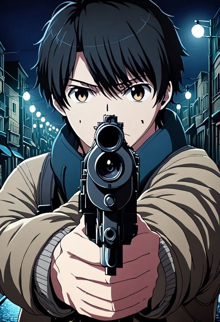 high resolution, solo, best quality, 1Boy, Inaho Kaizuka, Black Hair, portrait, midnight, dim street lights, mysterious, threatening, gun, aiming the gun to the viewer, OverallDetail