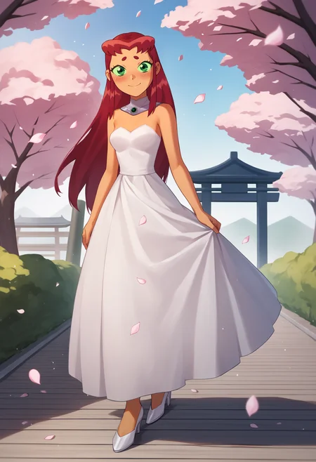 score_9, score_8_up, score_7_up, score_6_up, score_5_up, score_4_up, BREAK, source_anime,
1girl, starfire, red hair, long hair, green eyes, orange skin, 
white high heels, strapless wedding dress, looking at viewer, blush, smile, petals, cherry trees, solo, japanese park backgroundd  <lora:StarfireTTXL:1>