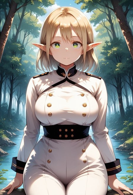 score_9, score_8_up, score_7_up, 1girl, solo, (FujisakaLP), (split eyes), scenery, (big breasts:0.8). (wide thighs:1.1), (wide hips:1.1), (mature woman:1.1), (high definition eyes:1.1), masterpiece, best quality, intricate details, gorgeous blonde elf woman, (green eyes), perfect anatomy, perfect face:1.1), white one-piece uniform, sharp focus, looking at viewer, ultra-high definition, extremely detailed illustration, smooth, detailed background, forest, seductive, venusbody