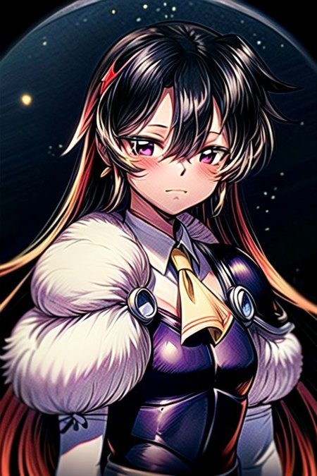 best quality 1girl Setsun4 solo long hair,  (night time) forest background black hair very long hair purple eyes multicolored hair armor, small, (fur trim) (medium body),<lora:EMS-179-EMS:0.800000>,<lora:EMS-293862-EMS:0.800000> bow, hair_bow, hair_tubes, red_bow, brown_hair, long_hair, bangs, ascot, frilled_bow, yellow_ascot, blush, smile, hair_between_eyes, athletic, armor, miko, strengthmda,  Smiling, happy, dragoon helmet