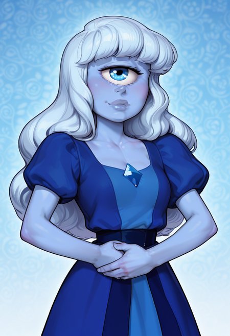 <lora:Sapphire_SU:1>, <lora:IncaseIXL:1>, sapphire_(Steven Universe), blue dress,large hair, light blue hair, wavy hair, hair bangs, Cyclops, blue eye, blue color skin, wallpaper, very aesthetic, perfect hands,  thick lips, hands behind body