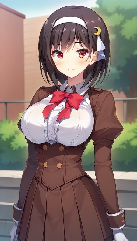 score_9,score_8_up,score_7_up,score_6_up BREAK official art,solo,outdoors,upper body,(portrait:1.5),looking at viewer,facing viewer,smile,blush,Takahashi Yuuka,medium hair,black hair,crescent hair ornament,white hairband,hair ribbon,white ribbon,bangs,red eyes,school uniform,suspender dress,brown dress,short dress,frilled dress,buttons,red bowtie,white shirt,collared shirt,center frills,long sleeves,puffy sleeves,juliet sleeves,white gloves,large breasts,underbust,pleated skirt,brown pantyhose,loafers,<lora:Takahashi Yuuka(fyps)-Pony:1.4>,