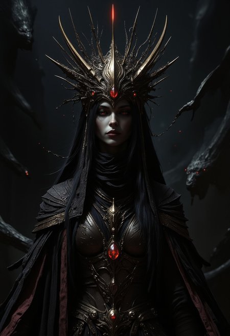 The scene depicts a haunting digital artwork centered around a sinister female entity exuding an ominous presence. The protagonist is a spectral figure with pallid, ghostly skin, draped in tattered, shadow-infused garments that ripple unnaturally. Her attire features twisted, baroque designs and dark, otherworldly textures, creating a macabre and eerie appearance. Her face is mostly concealed by a tattered veil, revealing only hollow, piercing eyes that emit a faint, unsettling glow, enhancing her mysterious and terrifying aura. She wears a menacing headdress adorned with sharp, obsidian spikes and a pulsating crimson gemstone at its core. Long, disheveled black hair flows chaotically from beneath the veil, starkly contrasting with the dark hues of her garments. Rusted chains and sinister talismans dangle from her attire, contributing to the foreboding and intricate design. The background is shrouded in darkness with subtle, ghostly apparitions swirling, drawing focus to the central figure and amplifying the theme of mystery and terror. Dark fantasy concept art, award-winning design, ultra HD, 4K, 8K resolution, eerie lighting, deep shadows, atmospheric tension, cinematic horror, hyper detailed, hyper realistic, masterfully crafted, high resolution, HDR, 500px, mysterious and ornate digital art, gothic horror aesthetic—8k,aidmaMJ6.1, perfection style