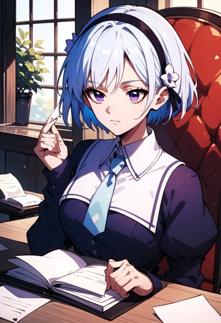 score_9, score_8_up, score_7_up, HENRIETTE MYSTERE,
HENRIETTE MYSTERE STUDENT ATTIRE, 1girl, solo, short hair, long sleeves, sitting, blue hair, purple eyes, white hair, hairband, chair, paper