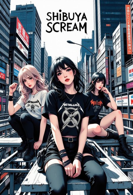 Special Ink-drawing mode, Mh1$AgThS2, intricate linework with expressive contrasts, Japanese female idol group, album cover (text "SHIBUYA Scream" in heavy metal font), 3 japanese women, each wearing different heavy metal "Metallica" t-shirts, streetwear, posing on a pedestrian bridge over a busy Tokyo cityscape, album photoshoot, directional lighting, moody poses