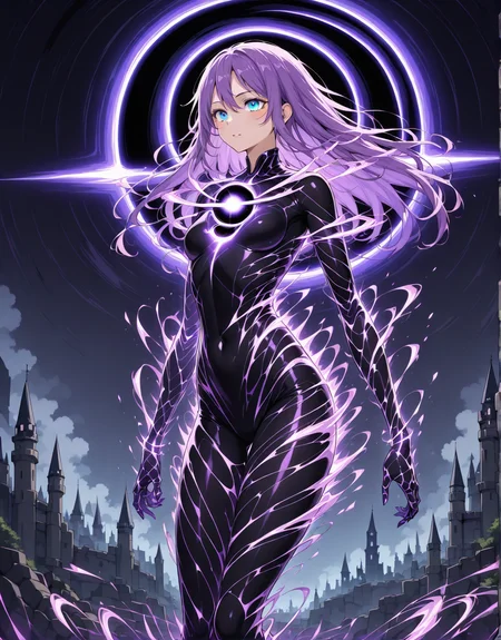 yazloba, voidform, void transformation,black hole textures,stands near the castle,purple hair, blue eyes, girl, <lora:V2.ya_arcane_elements:1>