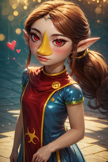 score_9, score_8_up, score_8, medium breasts, (curvy), cute, eyelashes,       BREAK, ,  <lora:MedliZelda_PDXL_v2:0.8>,  zzMedli, solo, 1girl, brown hair, beak, pointy ears, bird, long hair, long hair, red eyes, ponytail, blue dress, red tabard,, BREAK,  (ultra realistic,32k, masterpiece:1.2),(high detailed skin:1.1),( high quality:1.1), curvy, head tilt, hearts, blush, lips, closed mouth, curvy, head tilt, shiny clothes, (upper body), looking at viewer, bokeh, luminescent background,  embedding:zPDXL, Expressiveh,  <lora:RlAnmPDXL:1.0>,