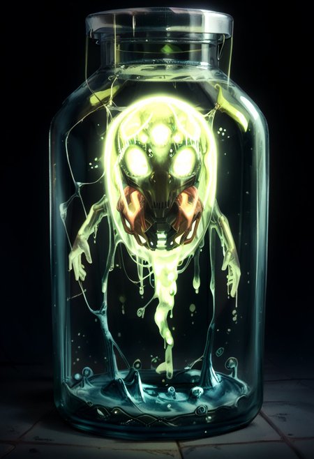 score_9_up, score_8_up, score_7_up, transparent cocoon in a bottle, s33thru gelatinous orb stored in bottle, alien cr1tter breeding grounds, lots of bottles, overgrown testing facility, slime nest, nuclearhazard, high quality, detailed, concept art, realistic, foreboding, sinister, shadowed, dim light, glowing, from above, up close detail, scifi horror, cosmic horror