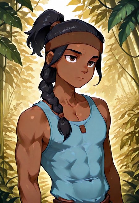 masterpiece, best quality, amazing quality, dutch angle,  jungle vegetation background, BREAK
solo, male focus, 1boy, yj_tye, dark skin, black hair,light brown eyes, long hair, long ponytail,covered ears, tall ponytail ,single braid,midium ponytail and a braid, thin band on the head,brown band,mid-forehead brown band, very tiny headband, medium light blue tank top, sleeveless, tank top,V-shape neck tank top,half-loose tank top , tank top with dark brown edges,slim pecs,V-shape toned abs, slim toned male, boy, upper body focus, BREAK
 <lora:Tye Longshadow - Young Justice - ILXL:1>, <lora:koyama01rw:0.8> <lora:VonBoche_-_Style-000007:0.8> vonboche