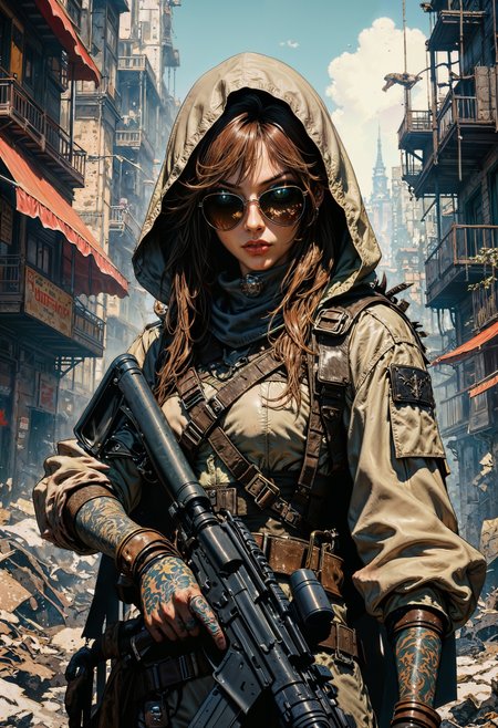 a hyper realistic ultra detailed photograph of a futuristic beautiful barbarian woman wearing sunglasses at a dystopian city, tattered outfit, long wild hair, tattooed hands and body, holding an assault rifle, detailed symmetric beautiful hazel eyes, detailed gorgeous face, apocalyptic environment, exquisite detail, 30-megapixel, 4k, Canon EOS 5D Mark IV DSLR, 85mm lens, sharp focus, intricately detailed, long exposure time, f/8, ISO 100, shutter speed 1/125, diffuse back lighting, award winning photograph, facing camera, looking into camera, monovisions, perfect contrast, High sharpness, facial symmetry, depth of field, ultra-detailed photography, raytraced, global illumination, smooth, ultra high definition, 8k, unreal engine 5, ultra sharp focus, award-winning photograph, trending on artstation. <lora:RetroAnimeFluxV1:0.5> <lora:Comic book V2:0.6> <lora:FluxMythG0thicL1nes:0.6>  <lora:Elden_Ring_-_Yoshitaka_Amano:0.6>