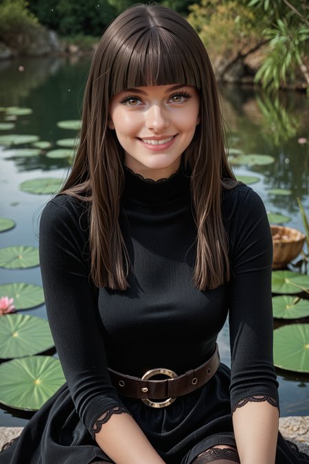 score_9, score_8_up, score_7_up, masterpiece, high quality, BREAK, realistic
 <lora:HeraPonyLoRA:1>hera, long hair, blunt bangs, turtleneck, black dress, lace-trimmed dress, belt, thighhighs, smile, sitting by a pond