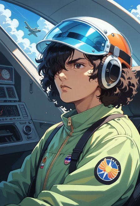 cromartie,Score_9, score_8_up, score_7_up, score_6_up, 1boy, bpbshin, flight suit, standing next to aircraft, portrait, solo, hair over one eye helmet,open helmet grasses,  cockpit,  visor down,protruding afro hair