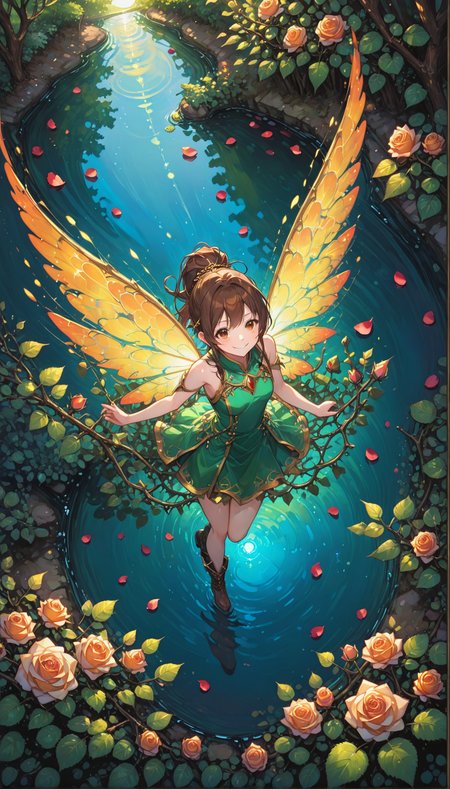 fire_emblem_heroes_xl, 1girl, bangs, brown hair, brown eyes, book, solo, smile, boots, fire, long hair, gradient clothes, fairy wings, shiny hair, ponytail, dress, leg up, full body, bare shoulders, holding, jewelry, sleeveless, hair ornament, cape,, shiny, gradient, closed mouth, short dress, looking at viewer, magic, gold trim, thorns, rose petals,
gliding along the surface of a still lake, (nature elements and greenery:1.4), dappled sunlight filtering through the trees,
from above, leaning forward, 
<lora:Fire_Emblem_Style:1>
<lora:aesthetic_anime_v1s:1>
<lora:IOS_Iridescent_opal_style:0.8>