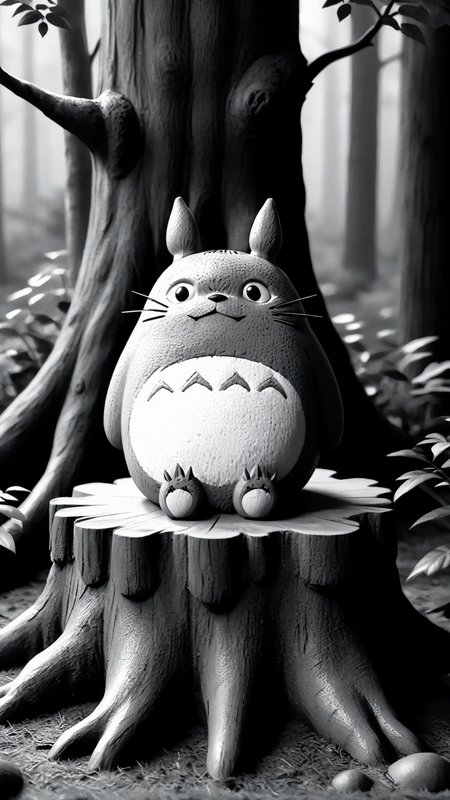 <lora:3DPrintingXL:1>,whitemold,3d printed mold,art style,greyscale,monochrome, Totoro (My Neighbor Totoro), 1character, solo, fur, large round eyes, gentle expression, sitting on a tree stump, surrounded by forest, warm and cozy atmosphere.