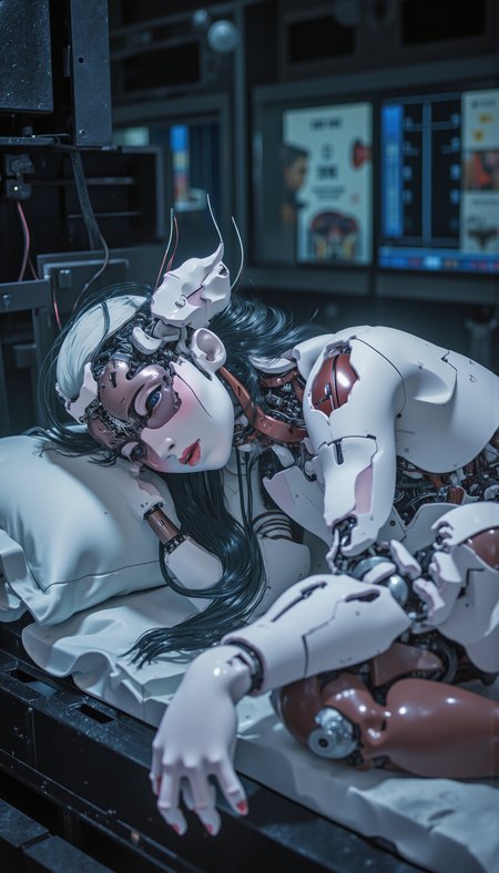 cyborgheadv1 A digital artwork in the style of cknc, beautiful cyborg girl curled up and sleeping on hi-tech laboratory bed <lora:cyborgheadv1:1.1> <lora:CPA:0.9>