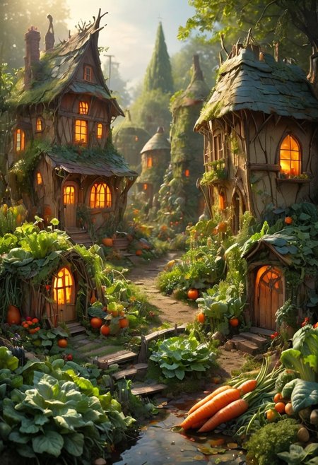 Vegetables houses, Designed houses made from various vegetables. Picture a vibrant scene with carrot cottages, tomato towers, and leafy greens forming the village landscape. The atmosphere is mystic and dreamy, with soft, glowing lights illuminating the vegetable homes. Delicate details like tiny elf gardens, miniature bridges made of twigs, enhancing the enchanting feel of this vegetable wonderland.
[style of greg rutkowski,janek sedlar,jenny saville:0]  <lora:vivid_everclear:0.35>  <lora:Sinozick:0.35>  <lora:MJ52:0.35>
