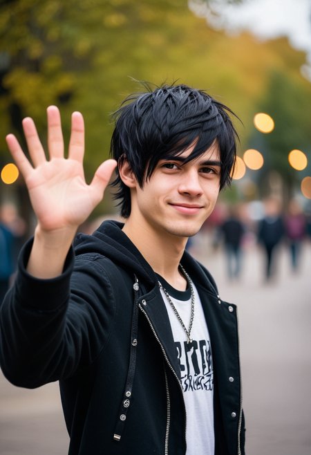 street photography of a young adult man, emo, very detailed, waving, bokeh, <lora:sdxl_lightning_8step_lora:1>