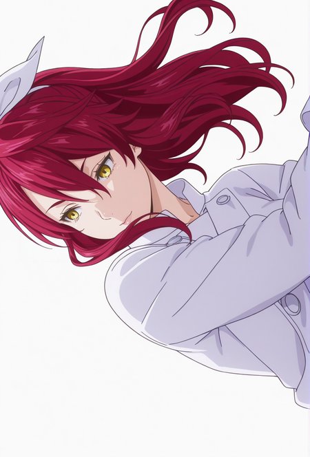 Smooth Quality,masterpiece,very intricate, high quality details, ultra realistic, high detailed skin,detailed enviorement,absurdres,
simple background, white background,solo,dancing, wind, 
sideways,x3,
 <lora:FoodWCNN:0.8> foodwarstylecnn,
 rindou_cnn, 1girl, red hair, yellow eyes, long hair, hair ribbon